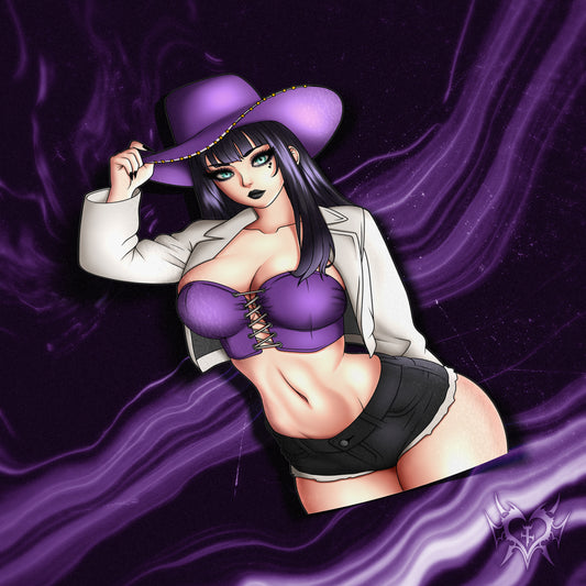 anime sticker of nico robin from one piece in a purple cowboy outfit