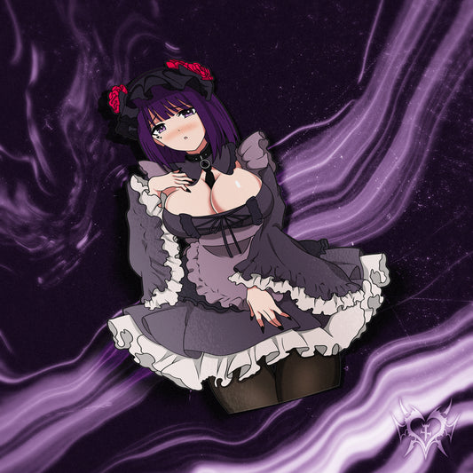Shizuku-tan anime sticker featuring Marin Kitagawa in gothic maid cosplay from My Dress-Up Darling with dark frilled dress, roses, and choker. Glossy kiss-cut vinyl decal, 6 inches tall, UV and water resistant, ideal anime car decal, laptop sticker, or collectible otaku merch.