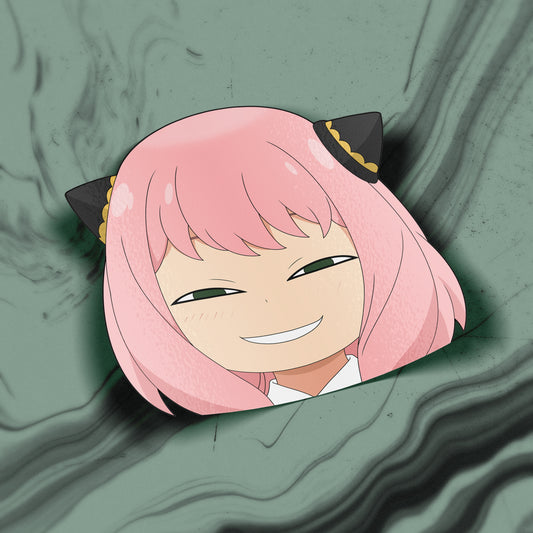 Smug Anya anime sticker featuring Anya Forger from Spy x Family with mischievous grin, pink hair, and horn headband on a sage green marble smoke background. Glossy 6 inch Oracal vinyl, kiss-cut with transfer paper, UV and water resistant; perfect anime car decal, laptop sticker, or otaku collectible.