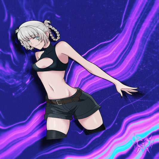 Nazuna Nanakusa anime sticker featuring her normal outfit from Call of the Night with black crop top, shorts, and playful expression on a purple neon swirl background. Glossy kiss-cut vinyl, 6 inches tall, UV and water resistant, perfect anime car decal, laptop sticker, or collectible otaku merch.