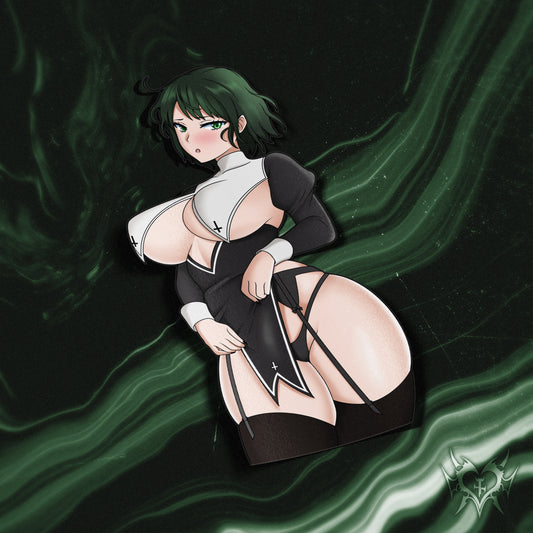 Nun Fubuki anime sticker featuring Fubuki from One Punch Man in nun cosplay with revealing gothic outfit and thigh-highs against a dark green swirling background. Glossy kiss-cut vinyl decal, 6 inches tall, UV and water resistant; perfect anime car decal, laptop sticker, or otaku collectible.