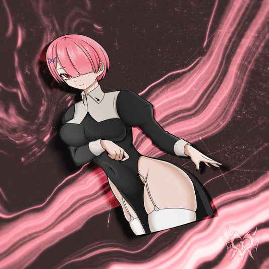 Nun Ram anime sticker featuring Ram from Re:Zero in black and white gothic nun cosplay outfit with pink hair and white thigh-highs against a pink smoke swirl background. Glossy kiss-cut vinyl decal, 6 inches tall, UV and water resistant; perfect anime car decal, laptop sticker, or collector display.