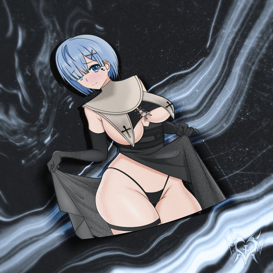 Nun Rem anime sticker featuring Rem from Re:Zero in a black and white nun outfit with blue bob hair on a dark smoky swirl background. Glossy 6 inch kiss-cut Oracal vinyl, UV and water resistant; premium anime car decal, laptop sticker, and otaku merch collectible. Re:Zero sticker, Japanese anime decal, gothic aesthetic.