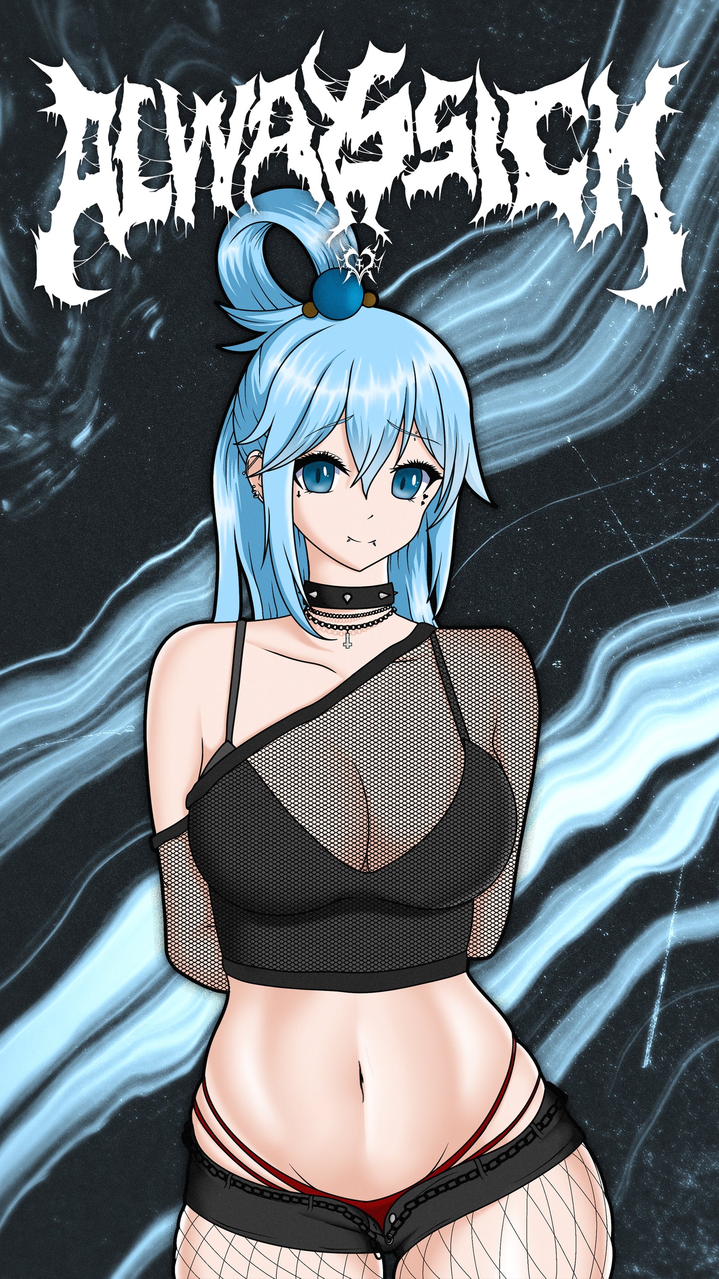 anime wallpaper of aqua from konosuba in a goth outfit