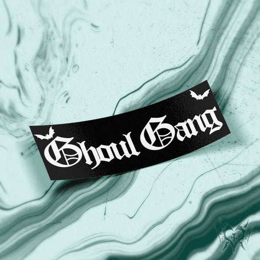 bumper sticker Black and white 'Ghoul Gang' logo with bats on a black background