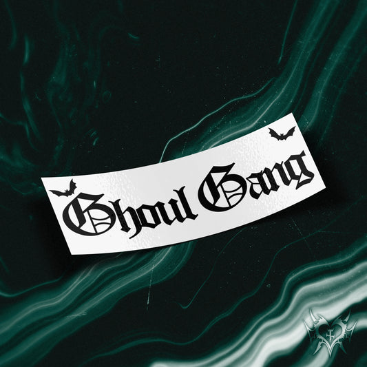 bumper sticker Black and white 'Ghoul Gang' logo with bats on a white background
