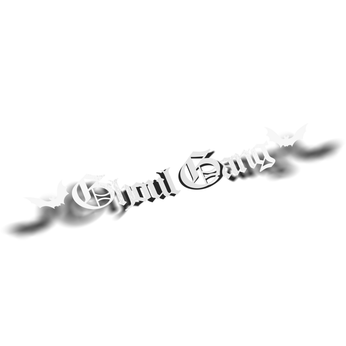 Ghoul Gang vinyl decal in bright white, gothic blackletter text with bat accents on transparent background, Hailey Rose x Always Sick collab.