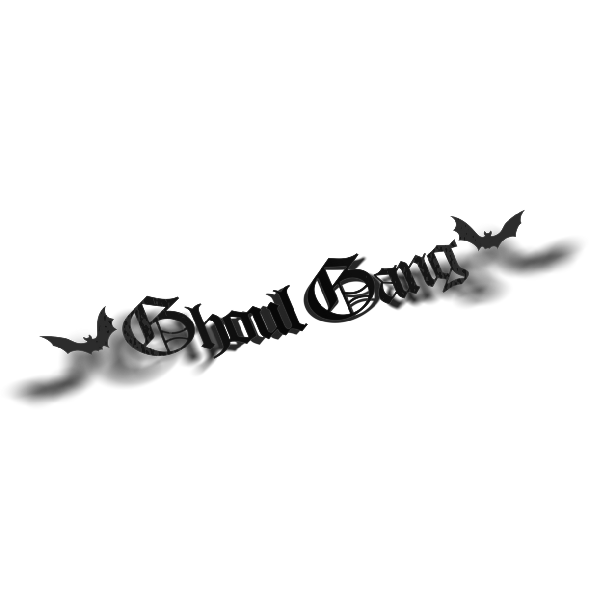 Ghoul Gang vinyl decal in just black, gothic blackletter text with bat accents on transparent background, Hailey Rose x Always Sick collab.