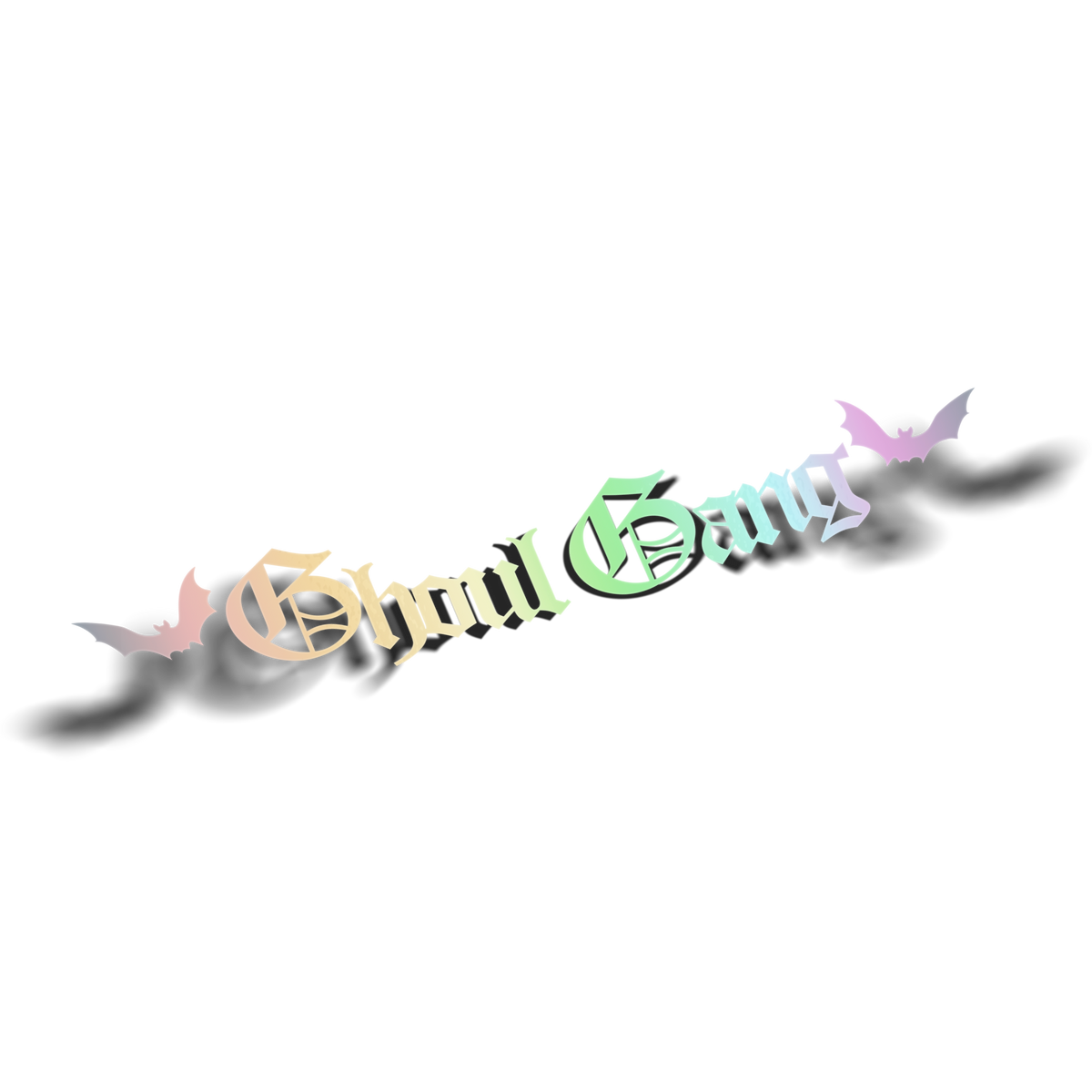 Ghoul Gang vinyl decal in silver holographic, gothic blackletter text with bat accents on transparent background, Hailey Rose x Always Sick collab.