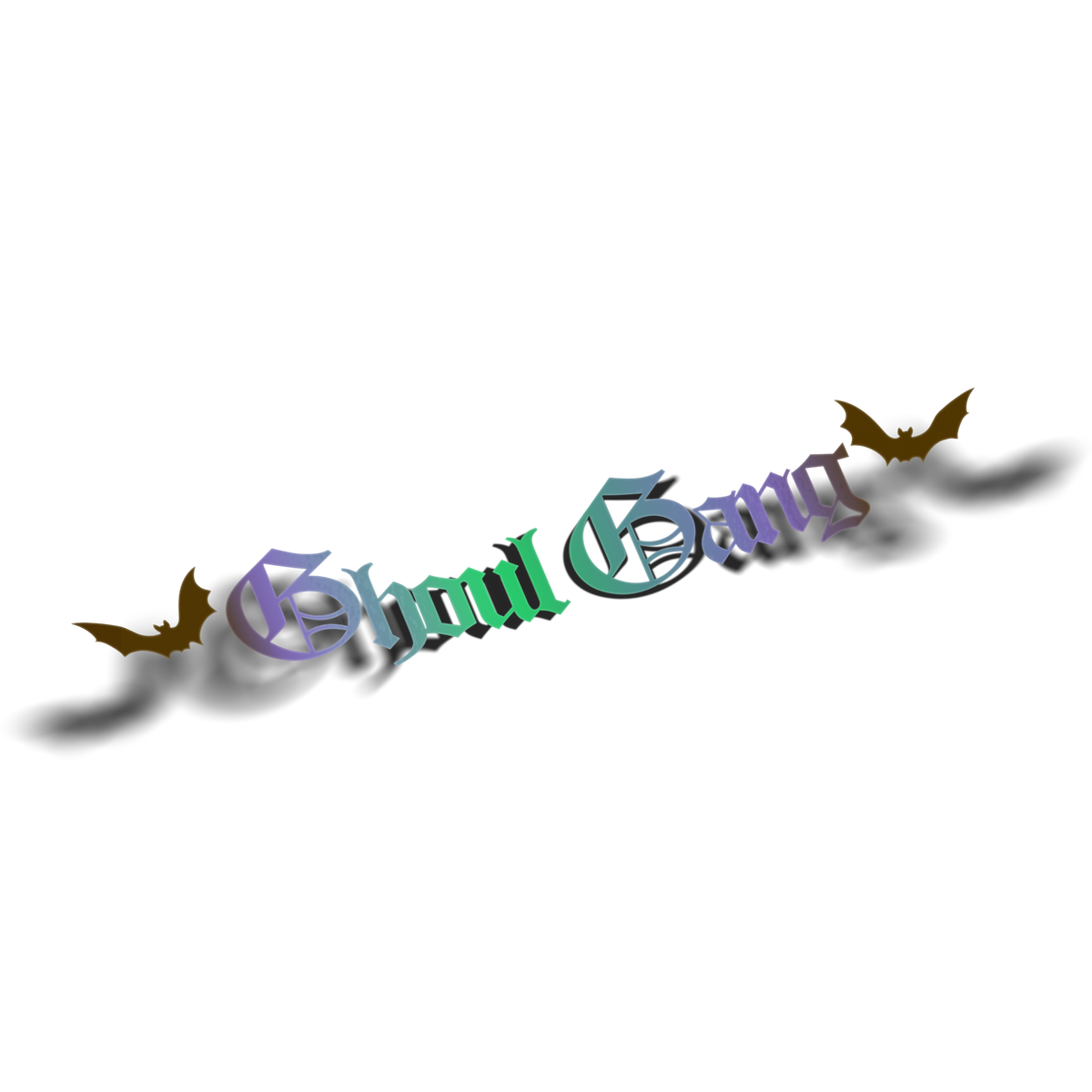 Ghoul Gang vinyl decal in Lily Green holographic, gothic blackletter text with bat accents on transparent background, Hailey Rose x Always Sick collab.