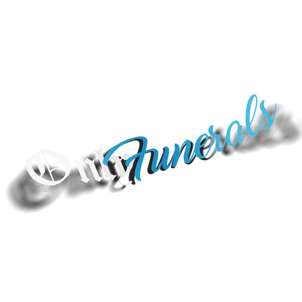 OnlyFunerals vinyl decal in sexy blue, gothic blackletter and cursive script wordmark on transparent background, parody of OnlyFans logo, Hailey Rose x Always Sick collab.