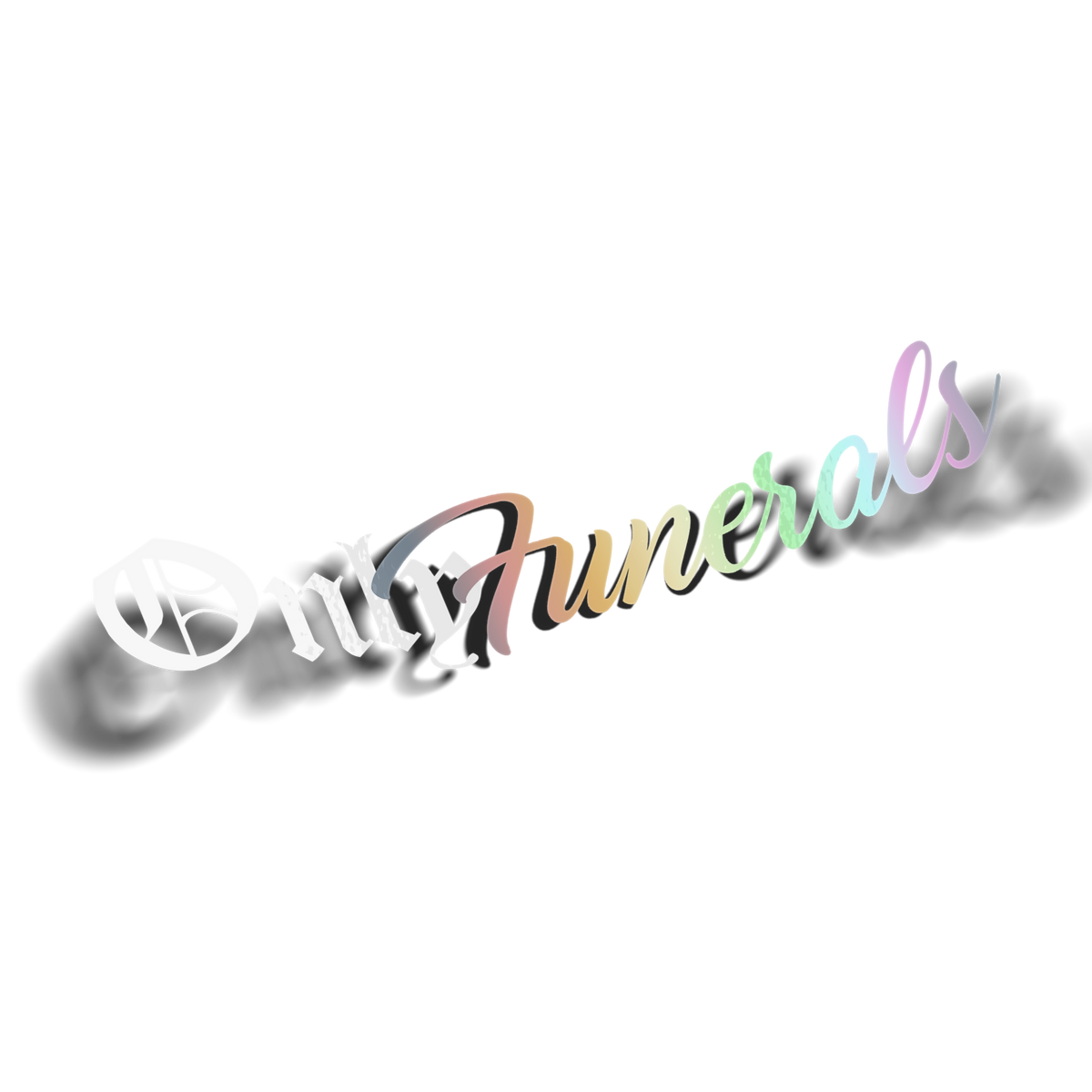 OnlyFunerals vinyl decal in silver holographic, iridescent rainbow blackletter and cursive script wordmark on transparent background, parody of OnlyFans logo, Hailey Rose x Always Sick collab.