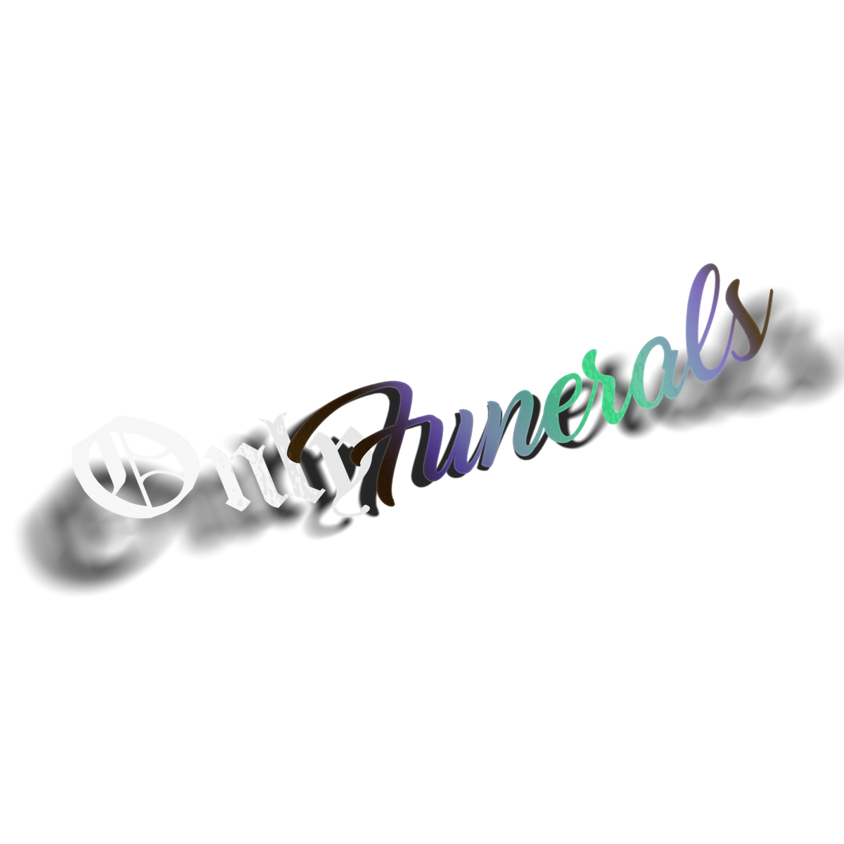OnlyFunerals vinyl decal in Lily Green holographic, iridescent rainbow blackletter and cursive script wordmark on transparent background, parody of OnlyFans logo, Hailey Rose x Always Sick collab.