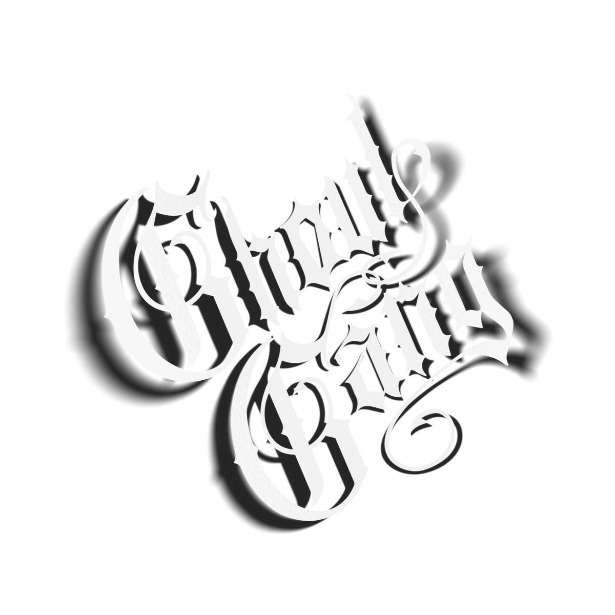 Fancy Ghoul Gang vinyl decal in bright white, ornate calligraphy wordmark with flourish accents on transparent background, Hailey Rose x Always Sick collab.