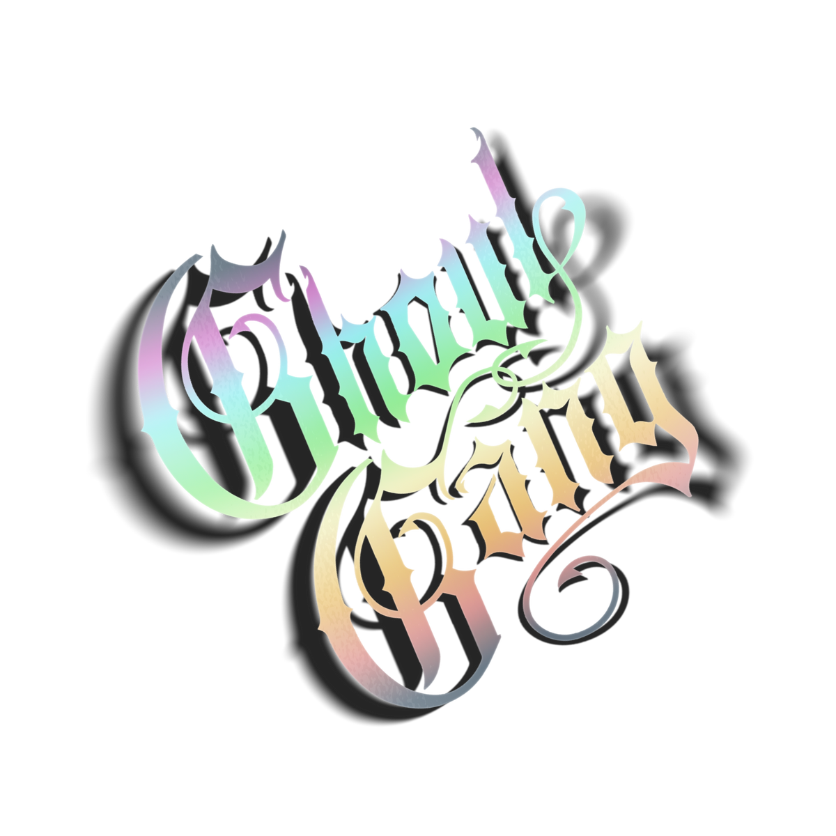 Fancy Ghoul Gang vinyl decal in silver holographic, iridescent rainbow calligraphy wordmark with flourish accents on transparent background, Hailey Rose x Always Sick collab.