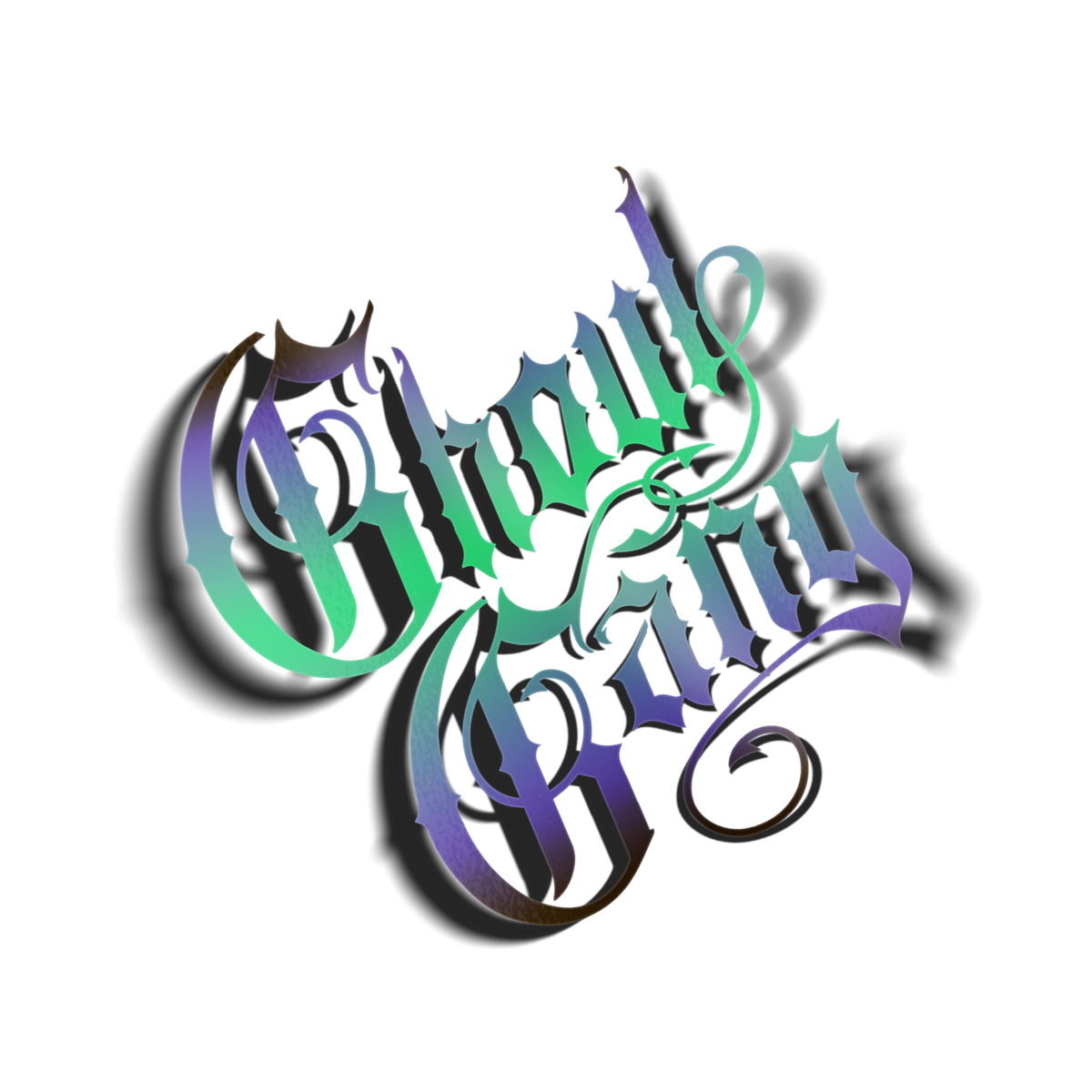 Fancy Ghoul Gang vinyl decal in Lily Green holographic, iridescent rainbow calligraphy wordmark with flourish accents on transparent background, Hailey Rose x Always Sick collab.