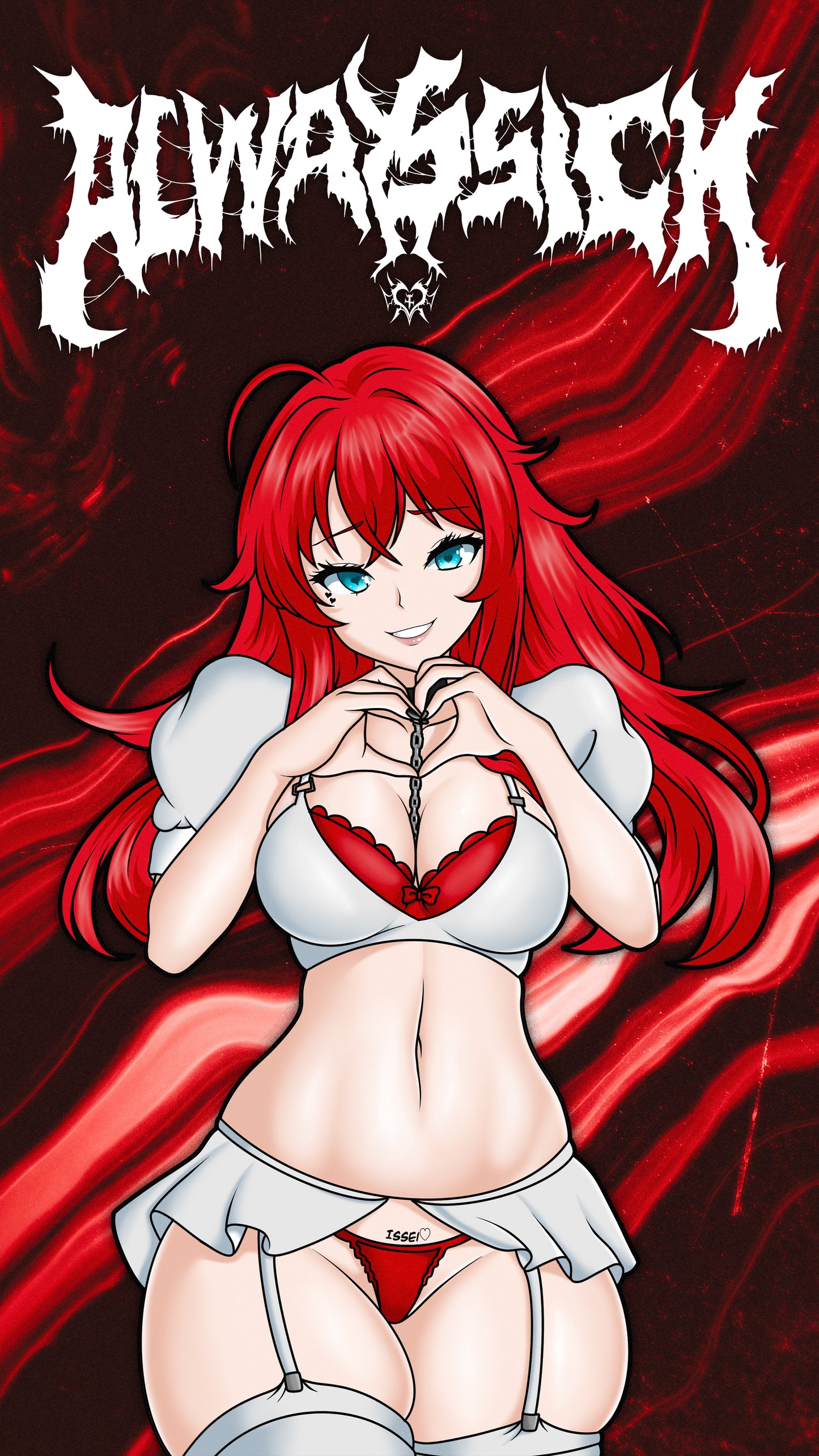 anime sticker of rias gremory from highschool dxd in white and red lingerie, phone wallpaper