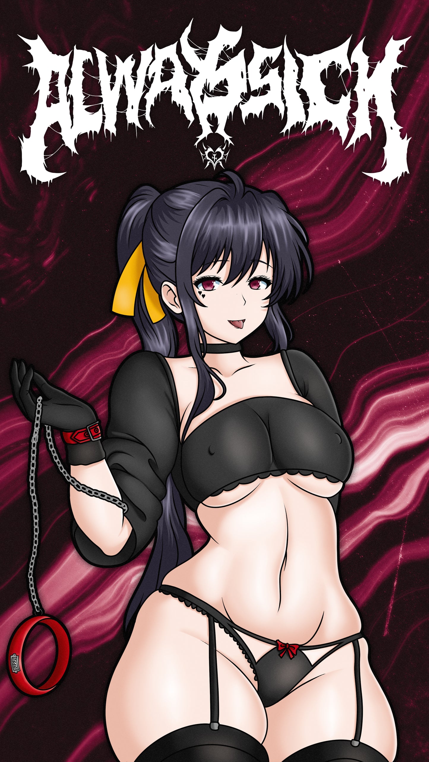 anime sticker of akeno himejime from high school dxd in black lingerie holding a chained collar, phone wallpaper