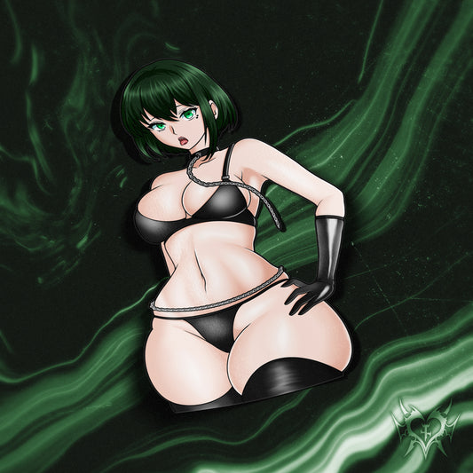 anime sticker of fubuki from one punch man in a black bikini with a chained collar on