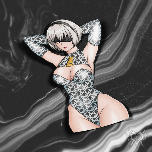 anime sticker of 2b from nier automata in a cow print suit