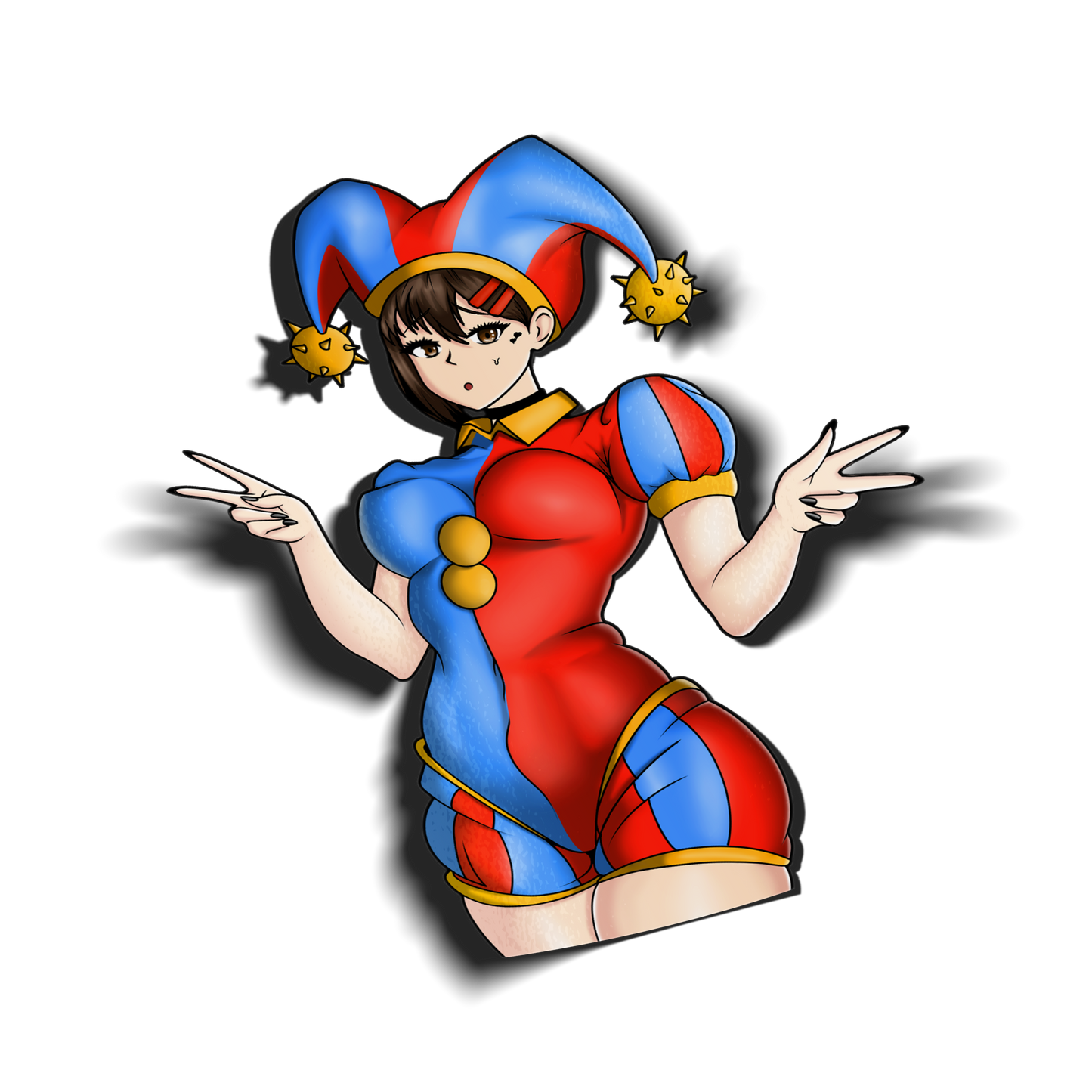 anime sticker of kobeni from chainsaw man dressed up as pomni from the amazing digital circus, transparent