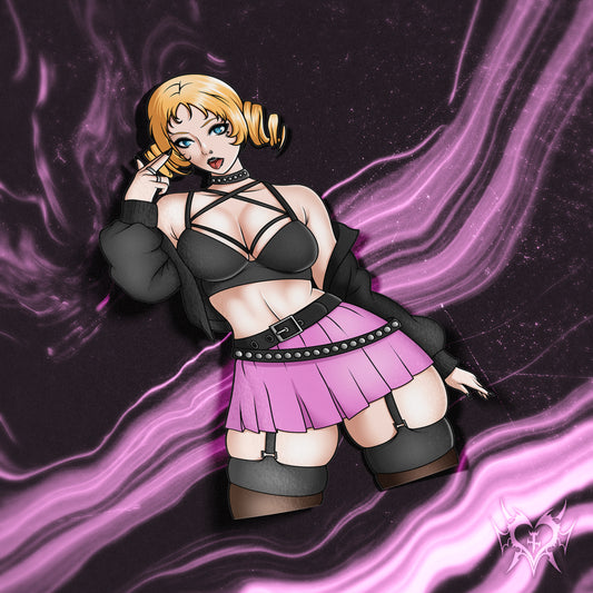anime sticker of catherine from catherine fullbody in a pink and black goth outfit