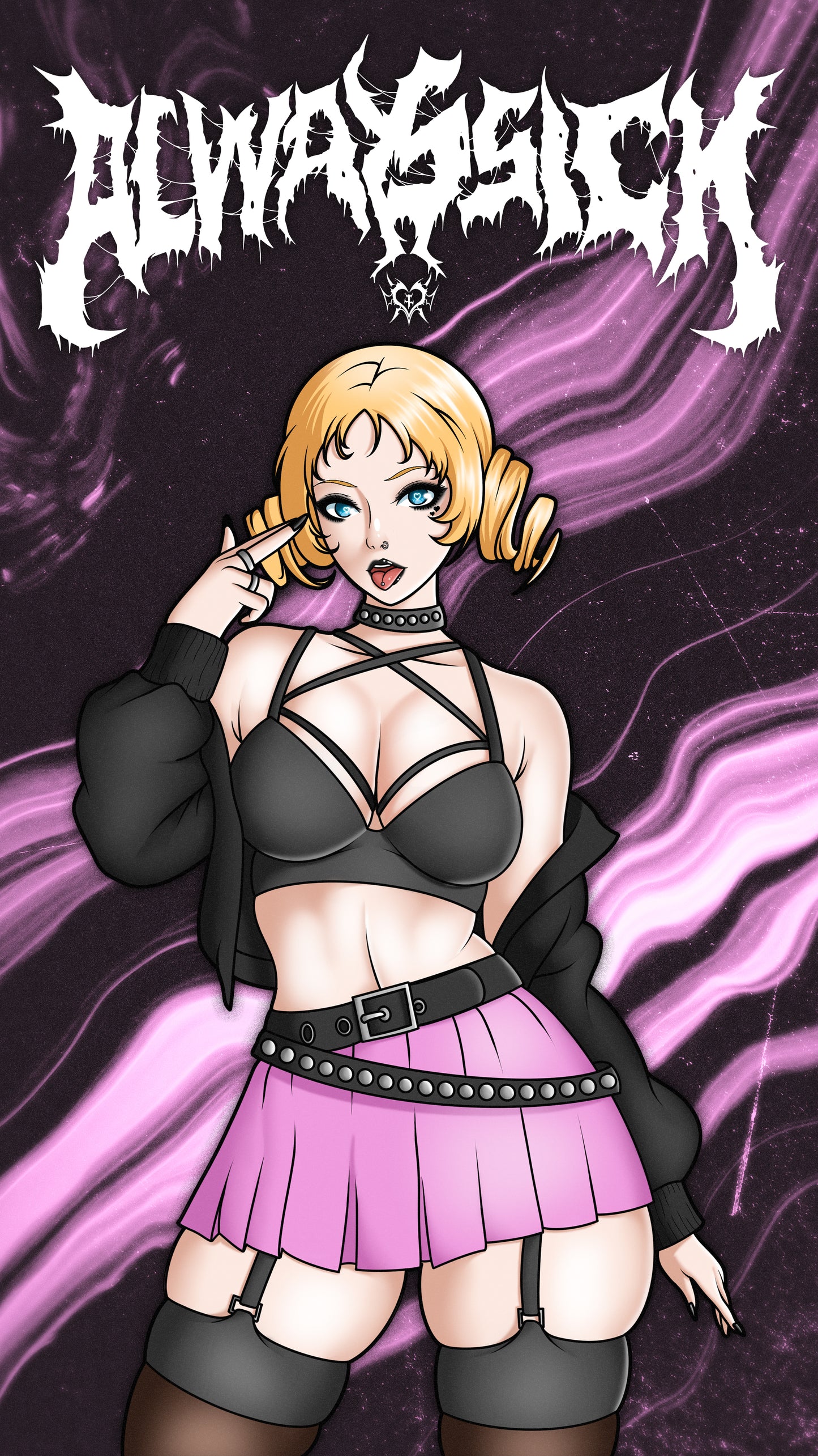 anime sticker of catherine from catherine fullbody in a pink and black goth outfit, phone wallpaper