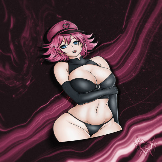 anime sticker of poison from street fighter in a black latex bikini