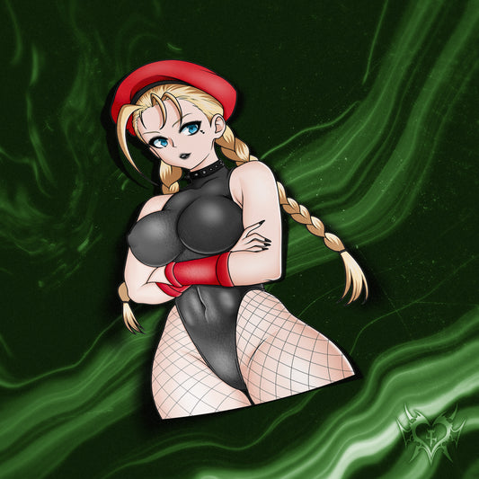 anime sticker of cammy from street fighter in a goth black latex suit and fishnets