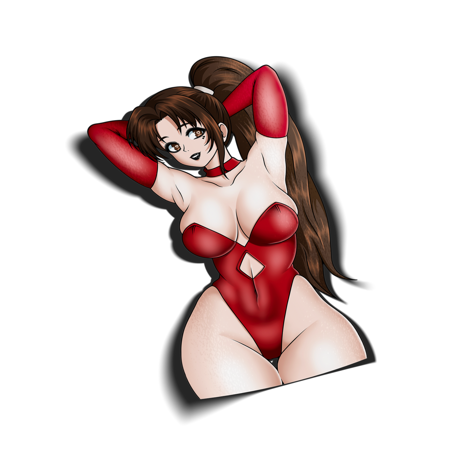 anime sticker of mai shiranui from fatal fury in red latex suit, transparent