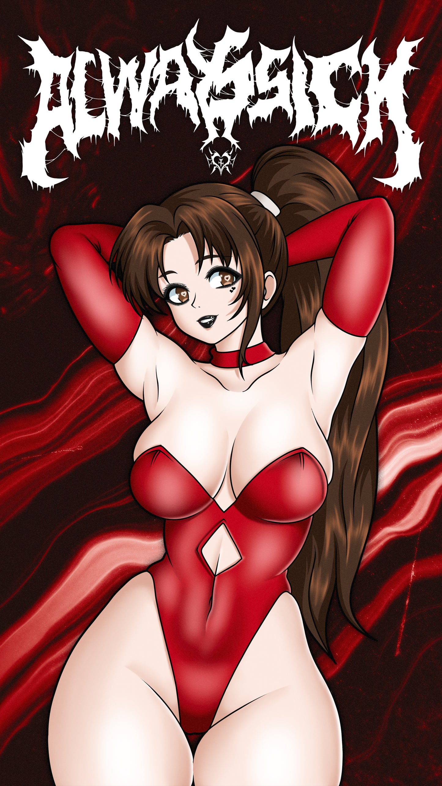anime sticker of mai shiranui from fatal fury in red latex suit, phone wallpaper
