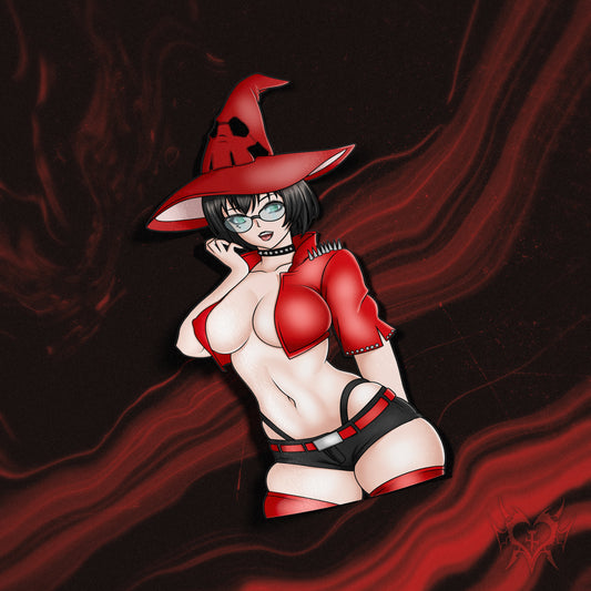 anime sticker of I-no from guilty gear in a red and black leather outfit