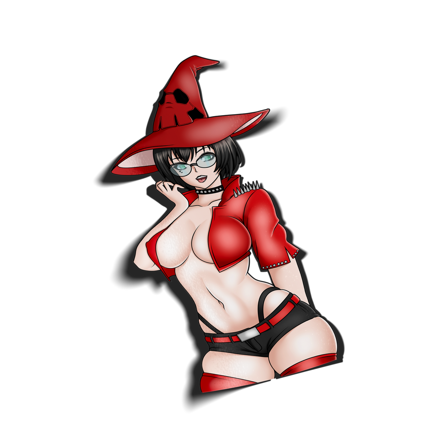 anime sticker of I-no from guilty gear in a red and black leather outfit, transparent