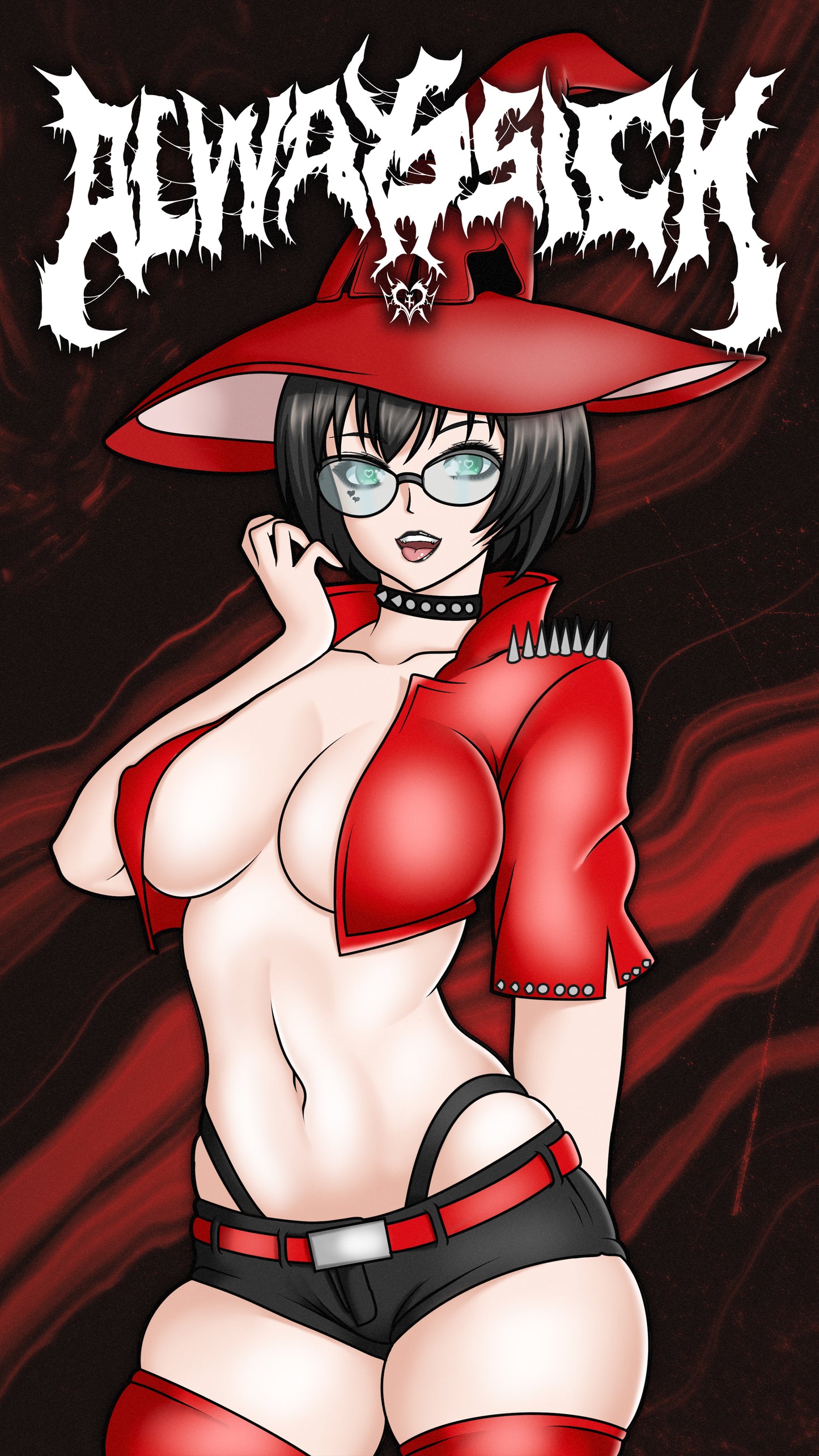 anime sticker of I-no from guilty gear in a red and black leather outfit, phone wallpaper