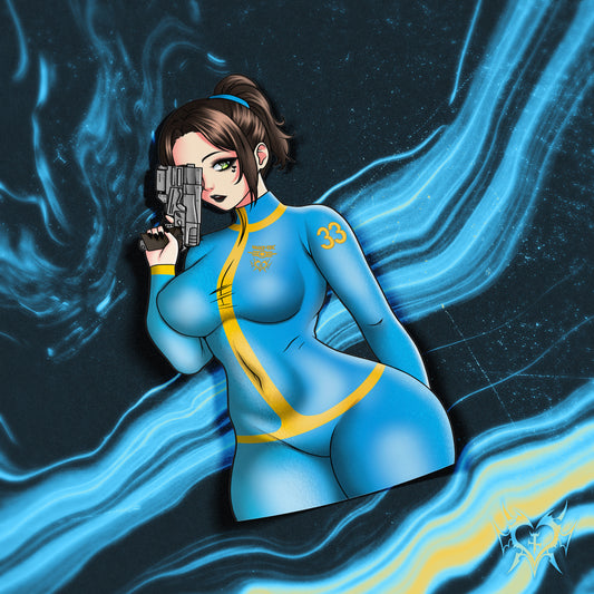 anime sticker of lucy maclean from the fallout show in a blue vault jumpsuit