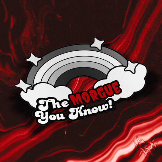 red Logo with rainbow, stars, and text 'The Morgue You Know!' from Hailey Rose on TikTok, transparent