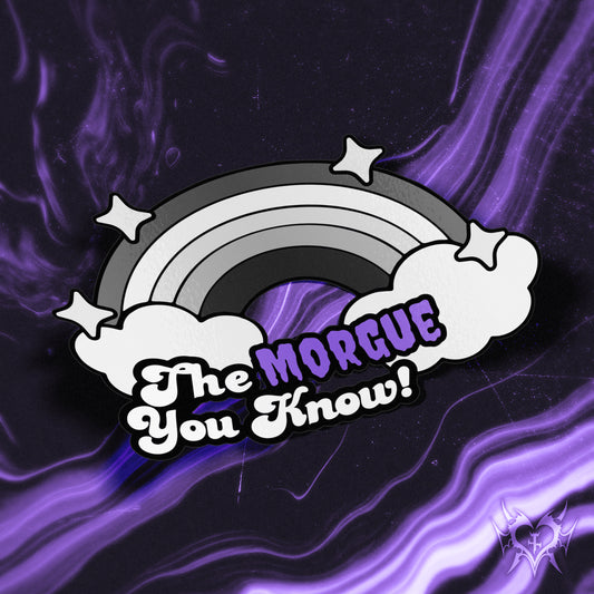 purple Logo with rainbow, stars, and text 'The Morgue You Know!' from Hailey Rose on TikTok, transparent