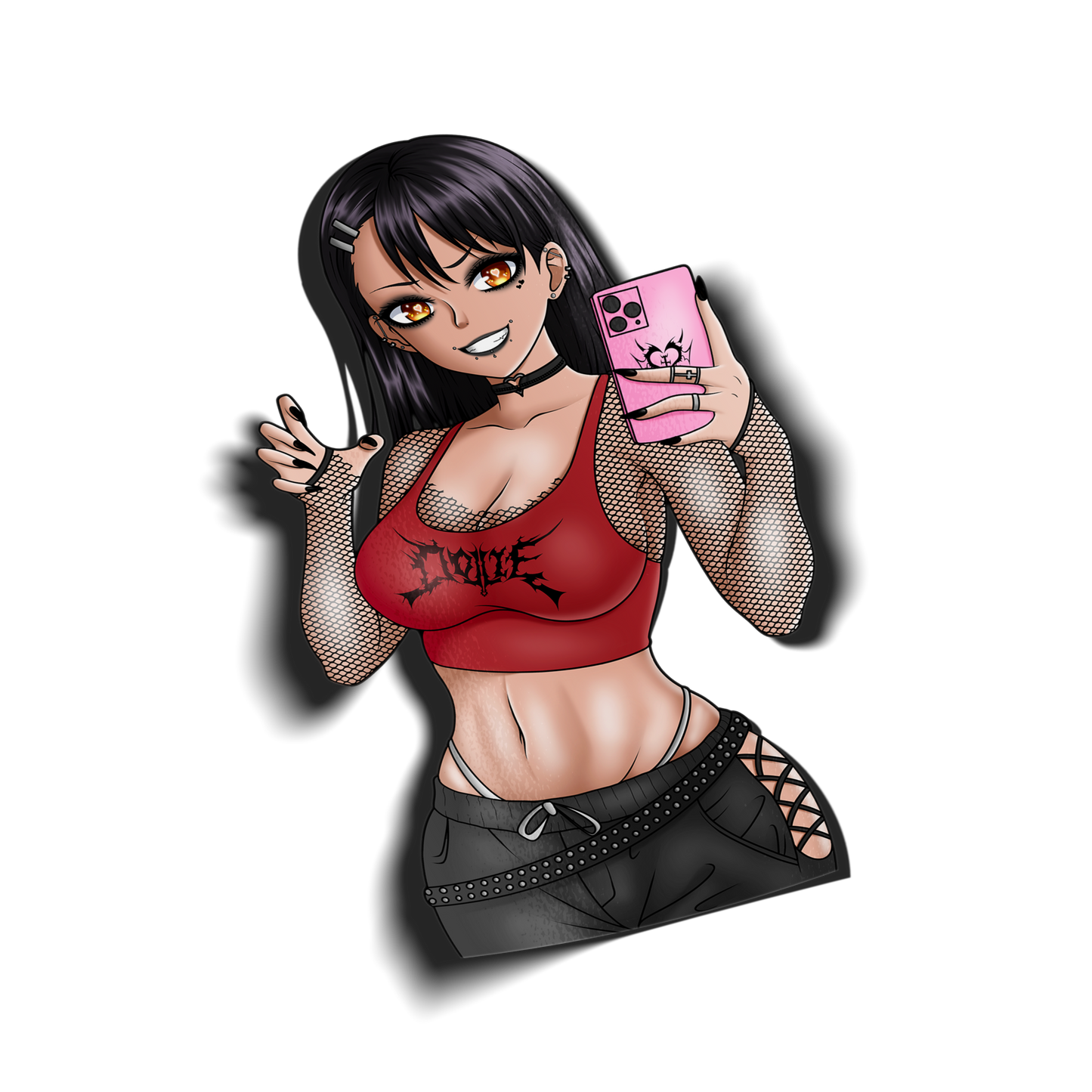anime sticker of nagatoro from dont toy with me miss nagatoro in a goth outfit croptop, transparent