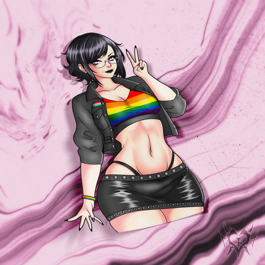 anime sticker of original character noushi from always sick wearing a rainbow striped top and black leather skirt