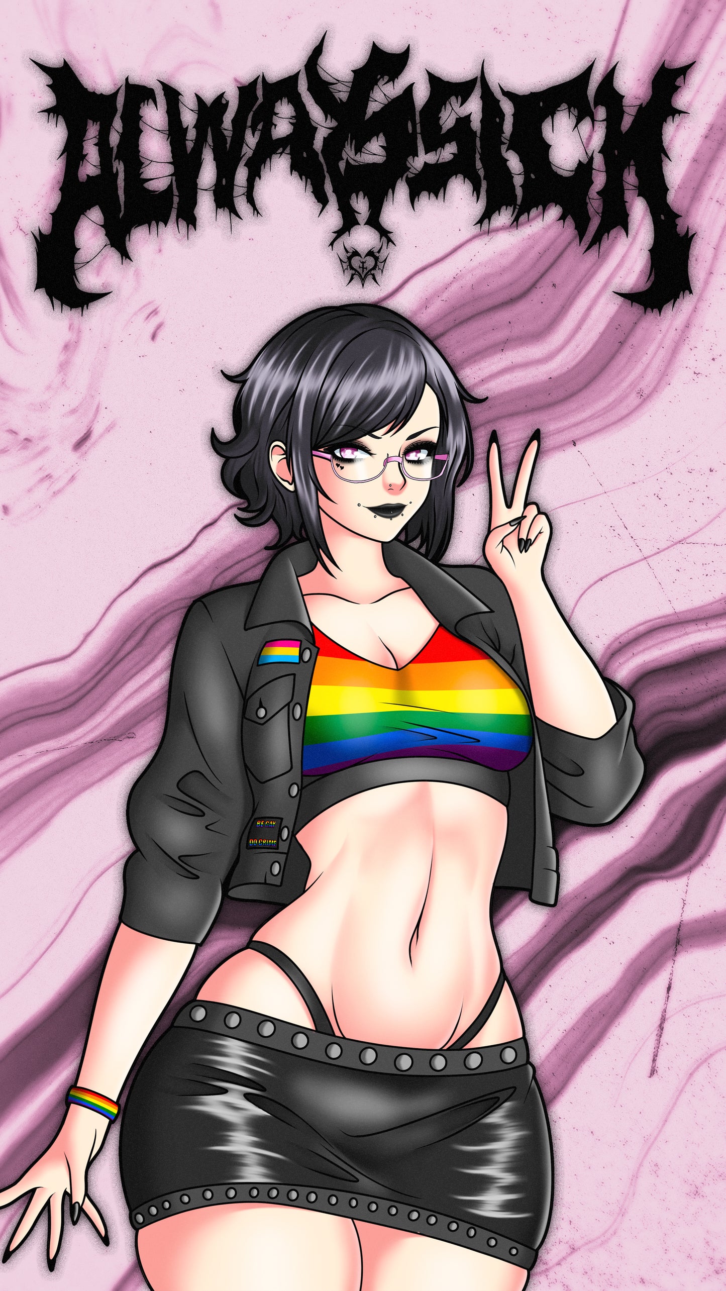 anime sticker of original character noushi from always sick wearing a rainbow striped top and black leather skirt, wallpaper