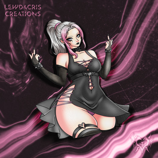 anime sticker of original character lily from lewdacris creations in black and pink dress