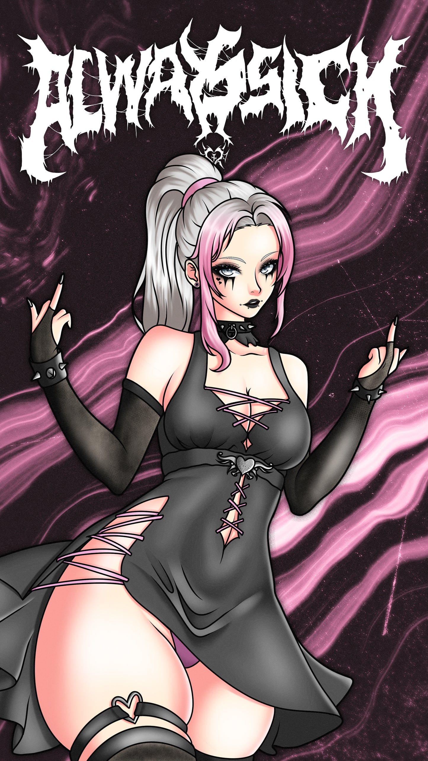 anime sticker of original character lily from lewdacris creations in black and pink dress, phone wallpaper