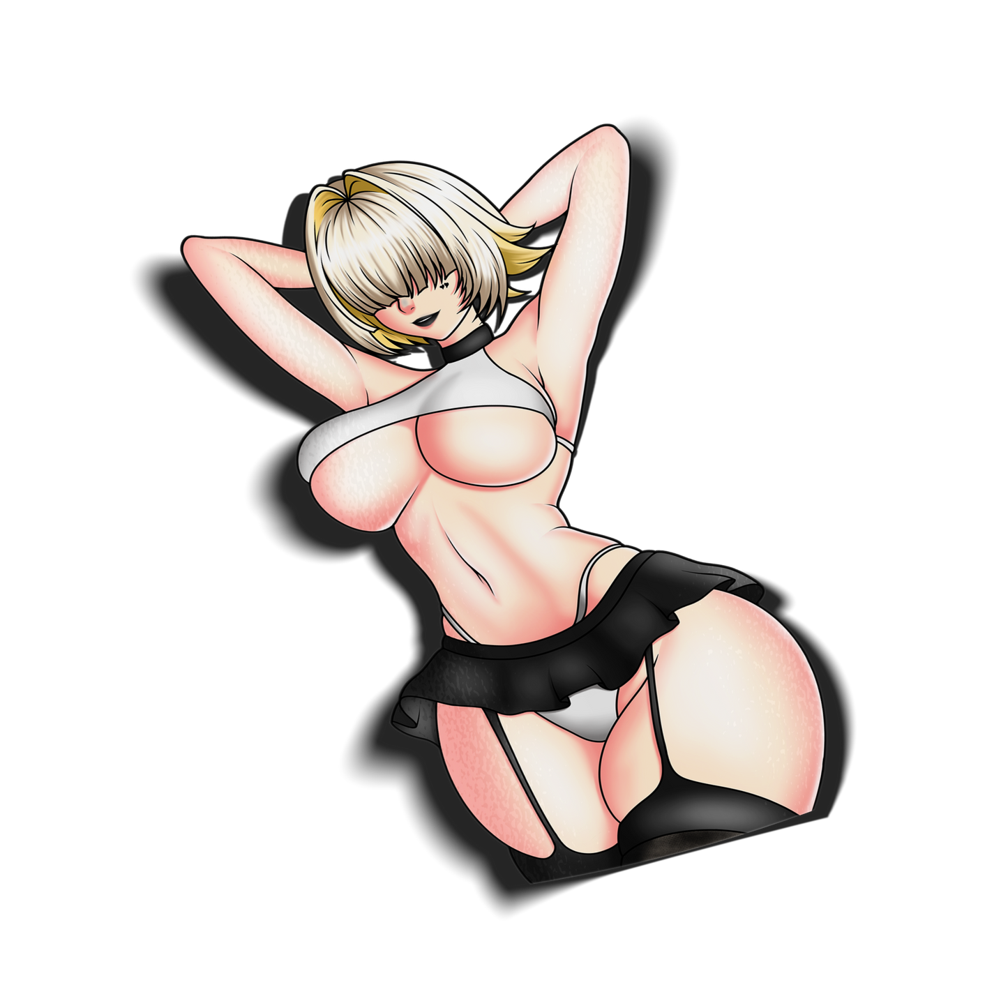 anime sticker of elegg from nikke in a white bikini and black skirt, transparent