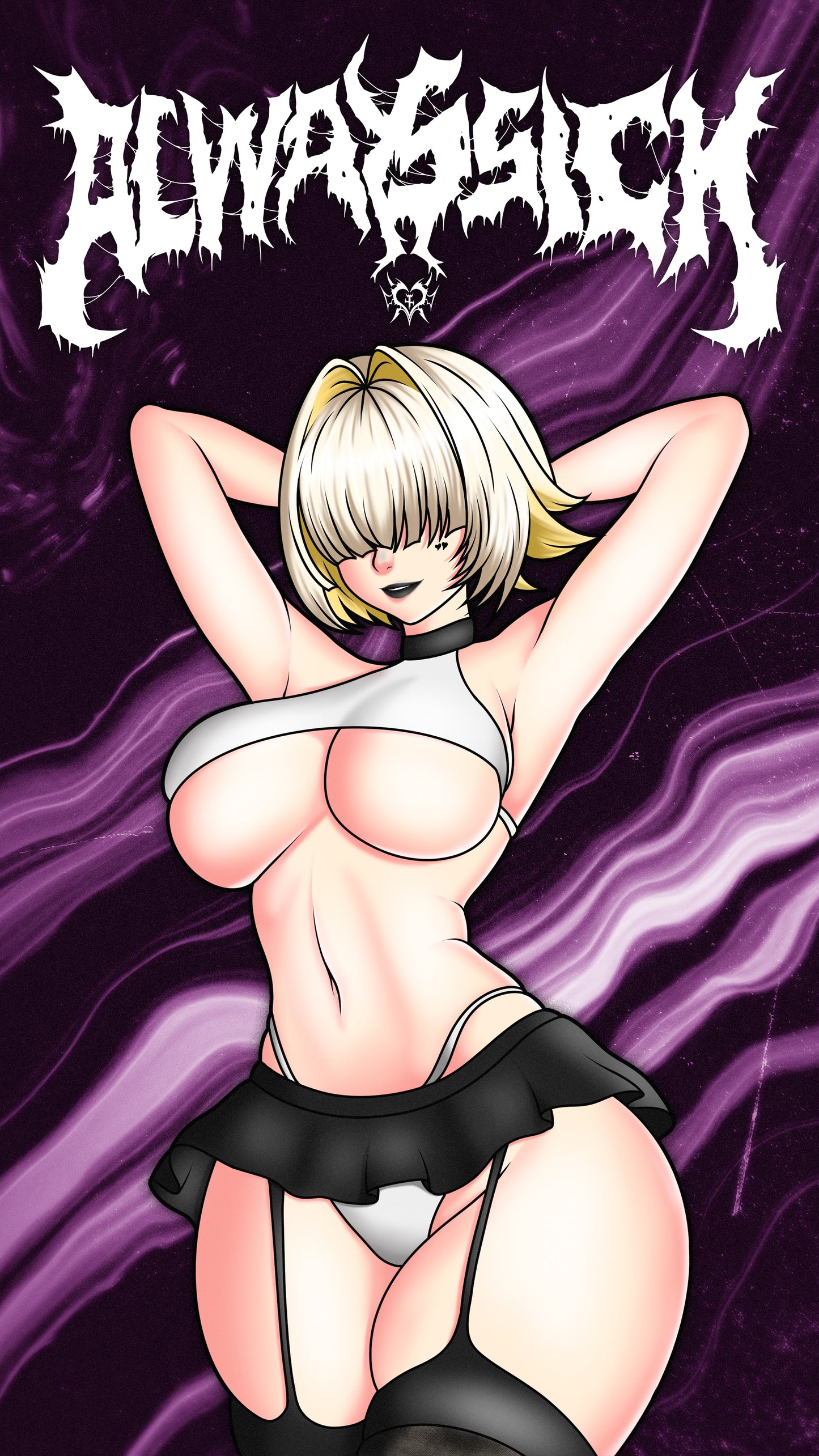 anime sticker of elegg from nikke in a white bikini and black skirt, phone wallpaper