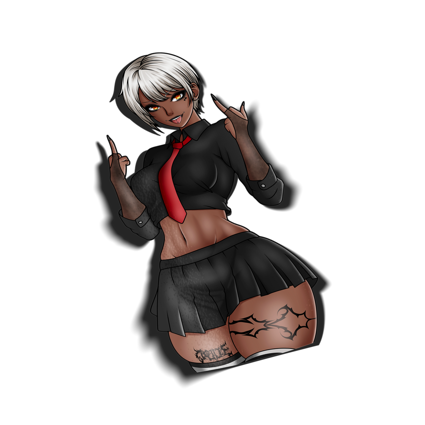 anime sticker of original character chihime from always sick in a goth black collar shit and black skirt with red tie, transparent