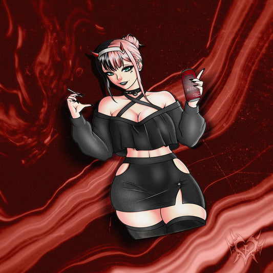 goth anime sticker of zero two in a black goth dress and skirt