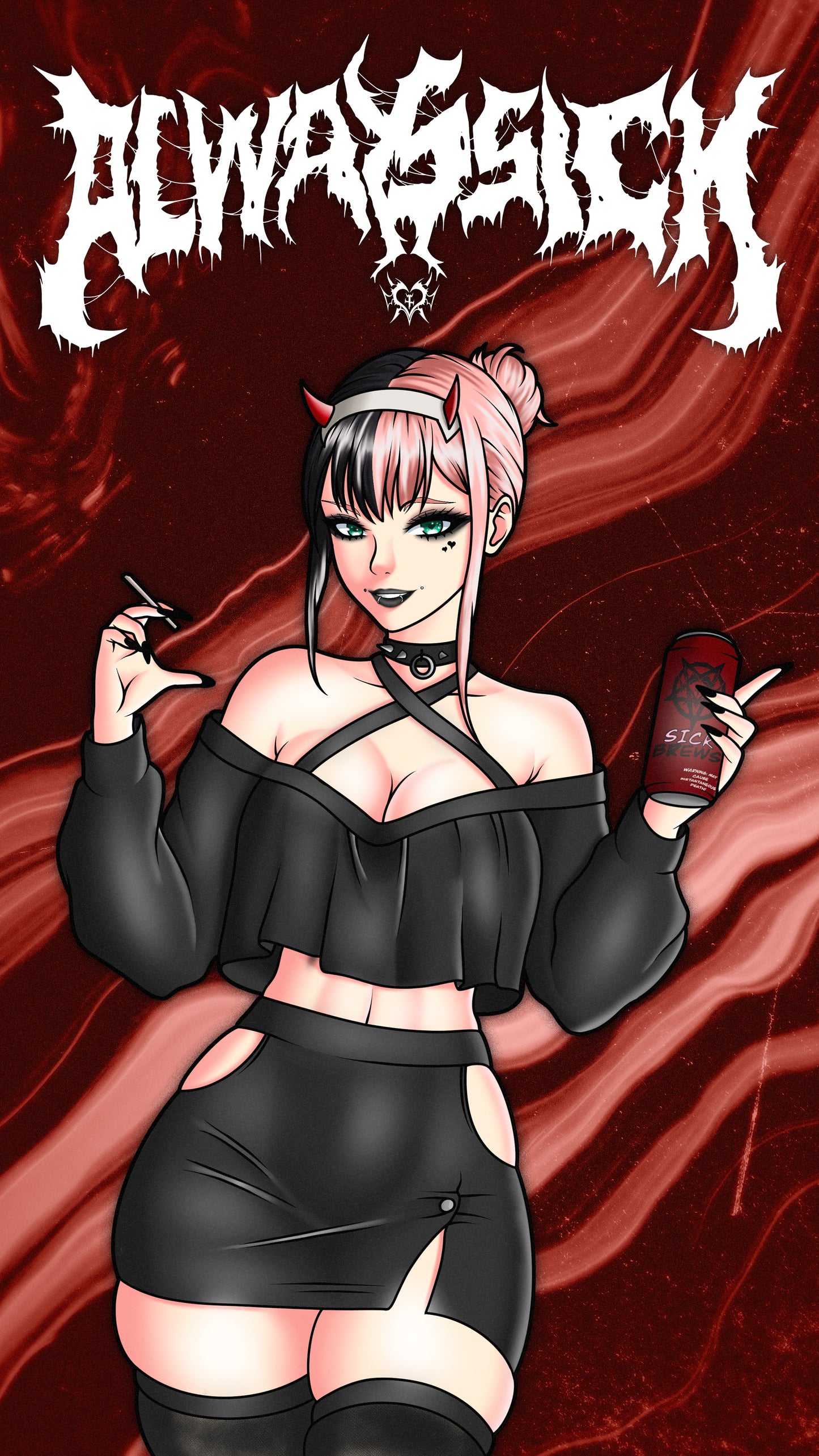 goth anime sticker of zero two in a black goth dress and skirt, phone wallpaper