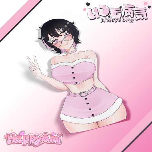 kawaii cute anime sticker of original character noushi from always sick collaboration with happy ami in pink fluffy top and skirt
