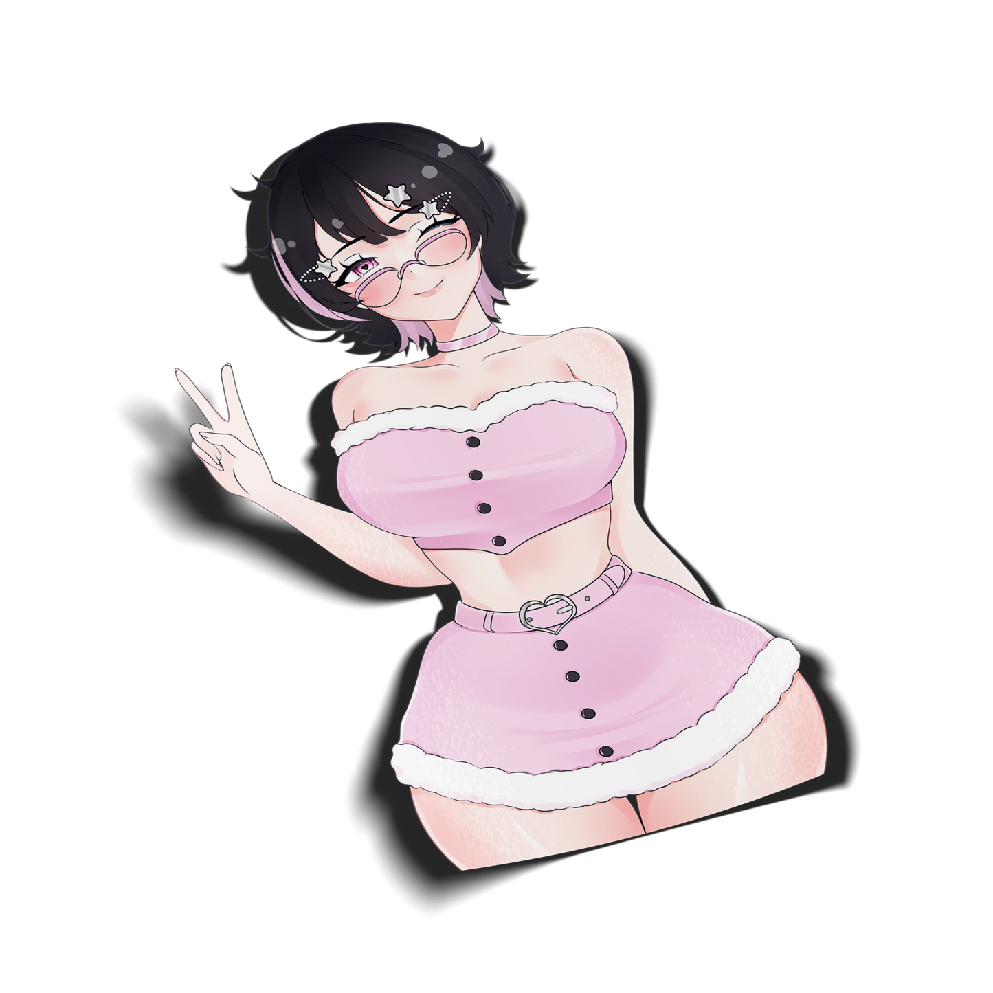 kawaii cute anime sticker of original character noushi from always sick collaboration with happy ami in pink fluffy top and skirt, transparent
