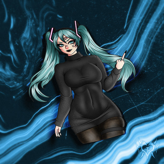 goth anime sticker of vocaloid hatsune miku in sexy black goth turtleneck dress